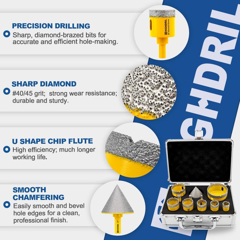HIGHDRIL 11Pcs Diamond Hole Saw Kit - 1/4", 5/16", 3/8", 4/5", 1", 1-1/8", 1-1/4", 1-3/8", 1-3/4", 2-1/2" Drill Bits with 2" Chamfer Beveling Bit for Tile Porcelain Ceramic Granite Marble Stone - Image 3